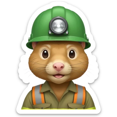 a mole rat, green helmet, headlamp, worker cloth sticker