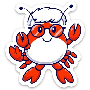 senior lobster with white hair and glasses, elderly lobster character with white eyebrows and whiskers, wearing round glasses sticker
