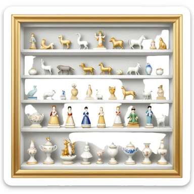 Icon for Porcelain Figurine Collecting: a collection of delicate porcelain figurines, such as animals, dancers, and historical characters, displayed on a shelf or in a display case. The icon should convey the elegance and artistry of collecting porcelain statues. Transparent background. sticker