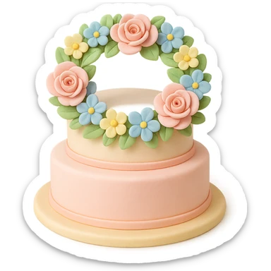 tiered fondant cake with floral wreath sticker