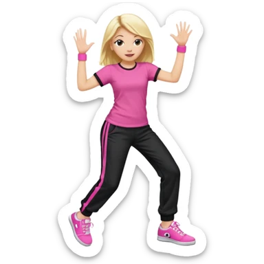 Hiphop dancer, with cute big pants, sneakers, and t-shirt. White girl blond. Coloufull shirt. No pocket pants. Dancing. Pink and black plain outfit. No sweatbands on the wrist, black music box behind her. sticker