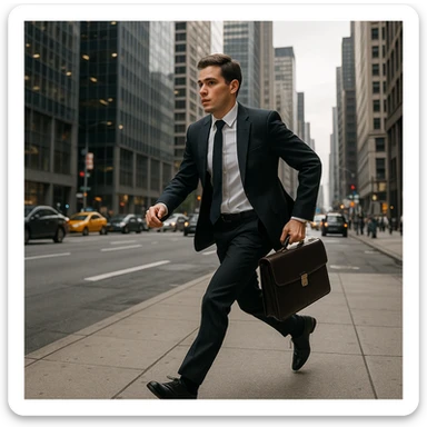 a man with a briefcase, hurrying along a sidewalk, city in the background sticker