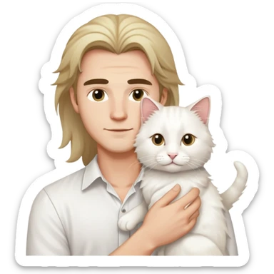 A young handsome Caucasian man in a white shirt holds a long-haired white cat sticker