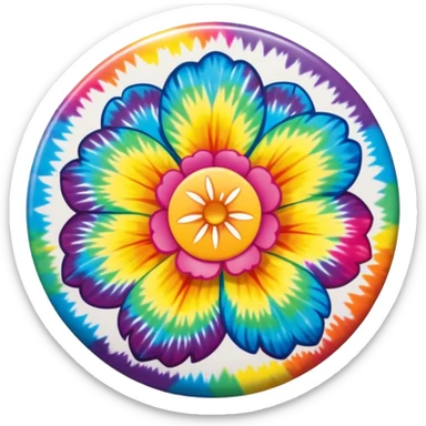 A round tie dye style colored button with a large rainbow colored flower in the center sticker