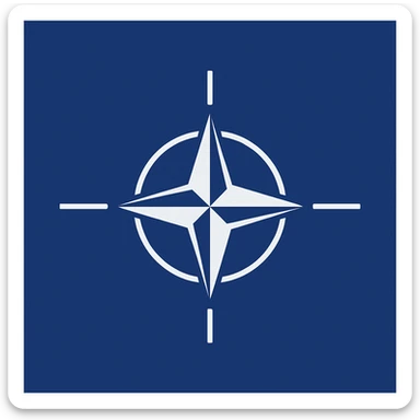NATO flag with deep blue background and white compass rose emblem in the center, simple and iconic, 2D flat design, no 3D effects, no text sticker