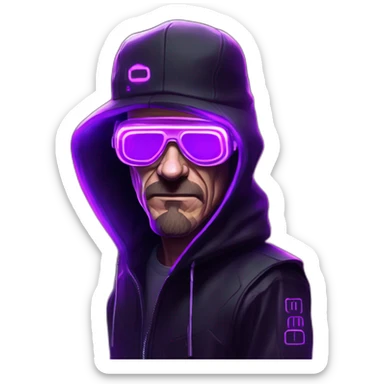 Walter White wearing a black hoodie with "OMG" letters on it and VR headset in a cyberpunk VR environment with violet neon lighting. sticker
