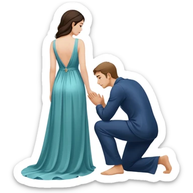 A woman facing towards a man only showing her back and she kneels down sticker