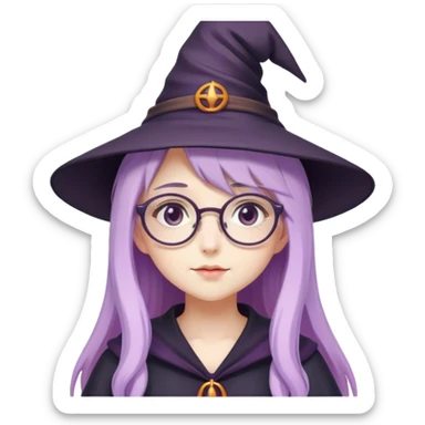 cute anime girl with long lilac hair wearing a witch hat and glasses sticker