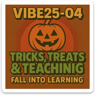 Create a logo that encompasses a retro 80's feel, nostalgic, ALSO RETRO.  Add the words "VIBE25-04: Tricks, Treats & Teaching: Fall Into Learning" sticker