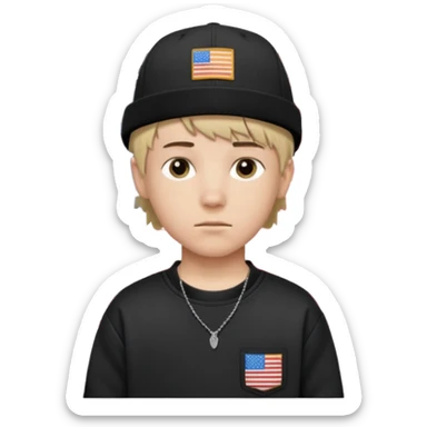 white  teen boy with short mullet haircut and black American flag flat bill hat at and wearing Carhartt sweatshirt sticker