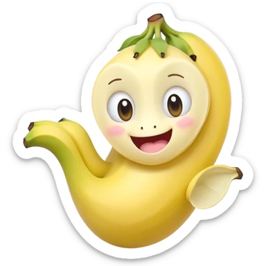 Cute Kawaii Banana, slightly curved, soft pastel yellow, cute giggling face with big round eyes, tiny arms waving happily, a peeled section revealing a smiling expression! sticker