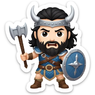 vikingo con armadura de Asgard, pelo negro ondulado, de pie, grito de guerra en torre de Asgard. sticker