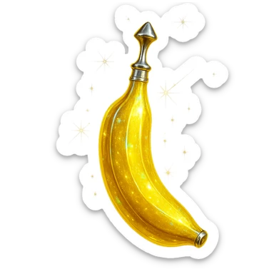 banana-shaped luxurious elixir bottle, banana yellow color, iridescent and silver details, maximum intense magical glowing and sparkling effects, very small neck, seamless bottom, transparent background, floating, no base or shadow, modern, matching a collection sticker