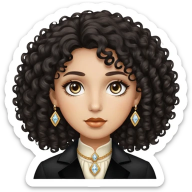 Curly also wavy black hair . Pretty but also mysterious face . Almond also round dimoned eyes . Old money outfit sticker