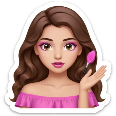 girl with long wavy brown hair, brown eyes, long lashes makeup, sexy pink lips, light to medium complexion, pink sexy top,slapping sticker