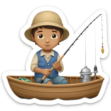A single Little boy on a little boat fishing, felt texture, scrapbooking, precious moments style character sticker