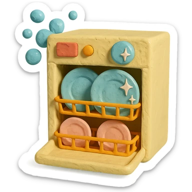 claymation style dishwasher with bubbles and sparkling plates, playful arrangement, pastel palette sticker