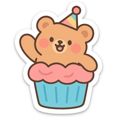 fluffy bear popping out of a cupcake, wearing a party hat, pastel-toon style sticker