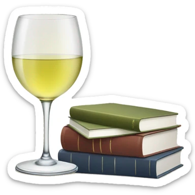 a glass of white wine and a stack of books sticker