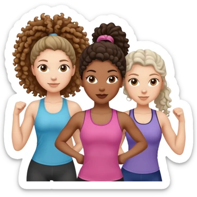 three women friends exercising together, one black woman with curly brown hair, one pale white woman with curly brown hair, and one white woman with straight brown hair in a ponytail sticker