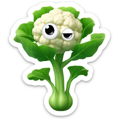 3D cauliflower character with big eyes 👀, a few green leaves 🍃, and leafy hands holding a small mirror 🪞 while gazing into it. The character is floating in the air, no legs visible. sticker