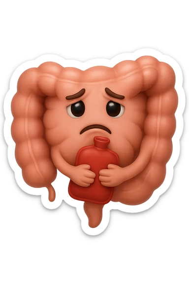 emoji stile iphone di un intestino che si tiene la borsa dell'acqua calda al centro, espressione di tristezza in volto, iperrealistico 4k sticker