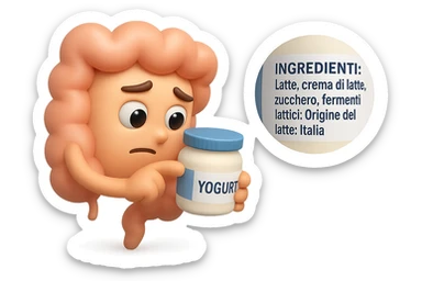 EMOJI STILE IPHONE 3D DI UN INTESTINO CHE HA IN MANO UN BARATTOLO DI YOGURT CONFEZIONATO DA SUPERMERCATO E LEGGE L'ETICHETTA NUTRIZIONALE CON GLI INGREDIENTI IN ITALIANO, ACCANTO ALLO YOGURT CHE HA IN MANO C'è UN FOCUS SULL'ETICHETTA CON GLI INGREDIENTI SCRITTI sticker