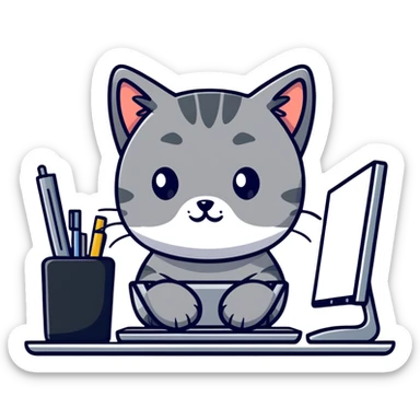 Grey kitten working at a computer desk sticker