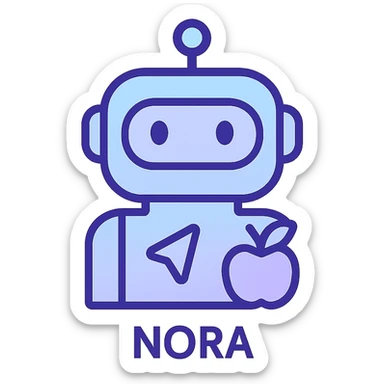 simple non-human nutrition navigator icon for Nora, gradient blend of light blue, light purple, and light gray, subtle navigation arrow, small fruit or vegetable accent sticker