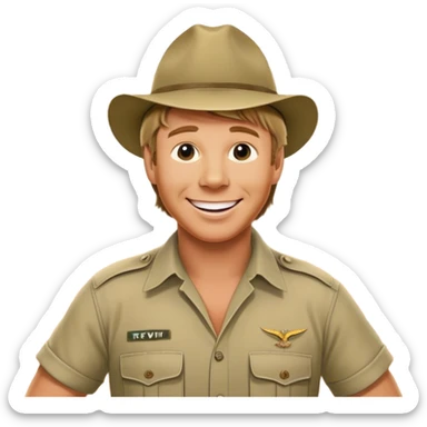 Cinematic Realistic Steve Irwin Portrait Emoji, depicted as a passionate wildlife expert in his signature khaki attire with an enthusiastic smile and a backdrop of the Australian outback, rendered with vibrant textures and dynamic natural lighting that captures his adventurous spirit. sticker