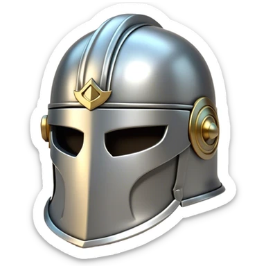 Clash of Clans aesthetic: Cinematic Playful Steel Helm Emoji, rendered in a 3D vector-style similar to standard emojis with minimal shading and bold, simplified shapes. A compact, isometric helmet crafted of shining steel with intricate engravings and a protective visor, softly glowing with a noble warrior charm. Simplified yet unmistakably iconic, highly detailed and consistent, glowing with a soft radiant gleam and high polish. Stylized with a touch of chivalric tradition and a soft glowing outline, capturing the essence of a stalwart battle helm with a friendly, playful manner! sticker