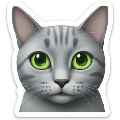 Grey cat with green eyes seating in front of the MacBook sticker