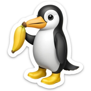 Penguin in boots eating a banana on the beach sticker