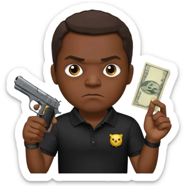 franklin saint from snowfall perhaps holding money and gun but he is mad and with a black polo shirt sticker
