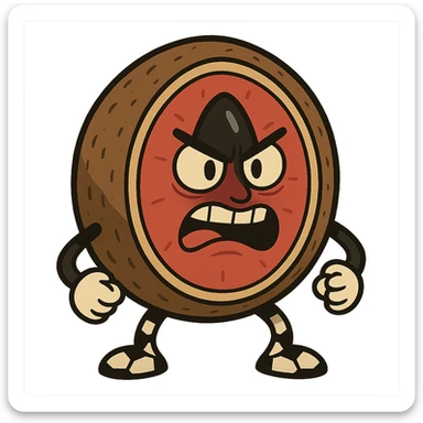 mamey illustrated as a soccer ball, rough brown shell, intense red pulp, black seed, cartoon style sticker
