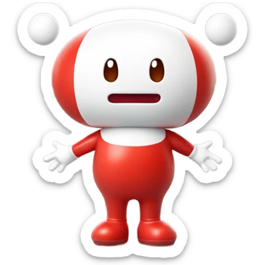 Very shiny full body character with pill capsule head with retro antennae and jetsons aesthetic  puffy body and welcoming waving arms Japanese animation inspired Anpanman with big boots and antennae red and white colors only sticker