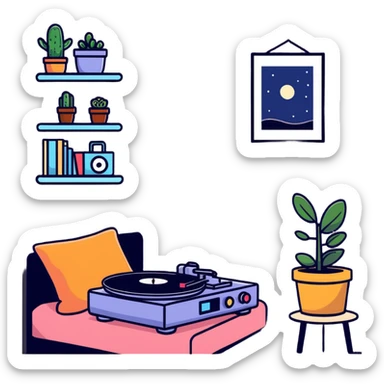 small bedroom with indie aesthetic, record player, art prints, potted plants, fairy lights, colorful pillows, vintage items sticker