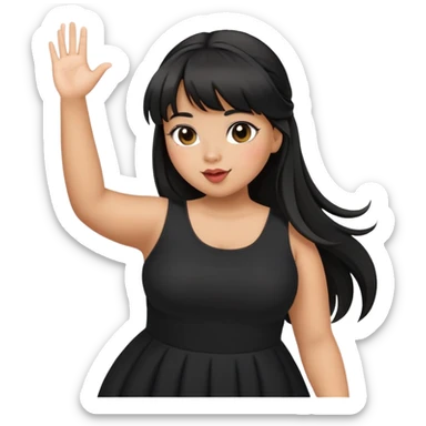Latina girl with bangs black long hair in pony tail plus size black dress waving hand blowing kiss sticker