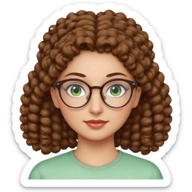 iranian woman, tight curly light brown hair in pony tail, glasses, green eyes, pretty, oval shape face sticker