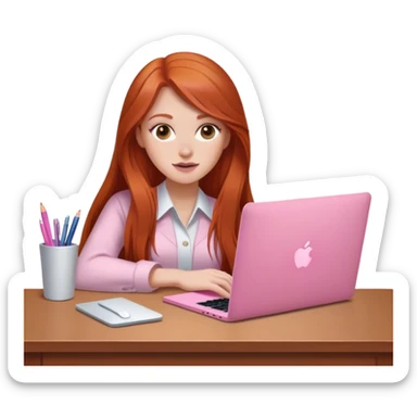 Long hair Redhead sat at desk with pink MacBook  sticker