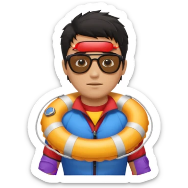 Dark Tan Muscular lifeguard with messy black hair with sunglasses, with life preserver sticker