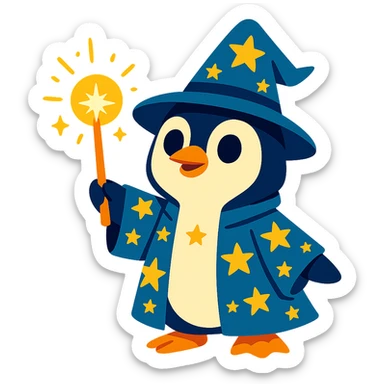 a cute penguin wizard holding a glowing wand, wearing a starry robe and hat sticker
