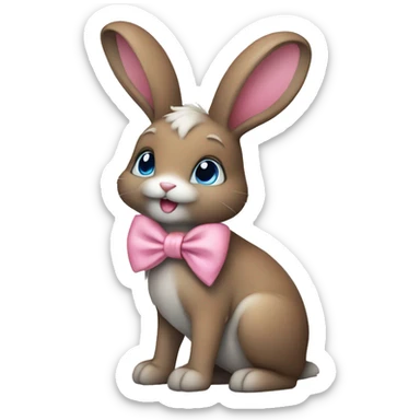 cute brown bunny with pink bow, one leg white, other gray, blue eyes sticker