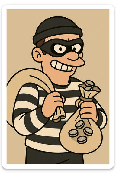 classic thief with stripes holding a bag of silver coins, cartoon style sticker