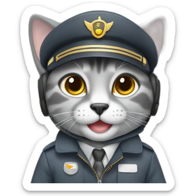 Cute grey happy cat pilot flying an airplane sticker