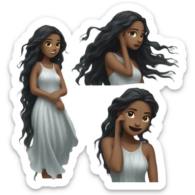 Black long hair flowing in the wind  girl white skin soaked in water woth NO FACElong laced dress sticker