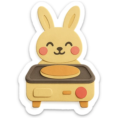 rabbit-shaped electric grill cooking a pancake, blushing joyfully, pastel yellow, full-body sticker