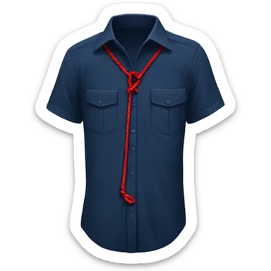 navy blue shirt with a red string crassed like a cris cross going down from the muddle kneck area and left dangling with the left side longer than the right sticker