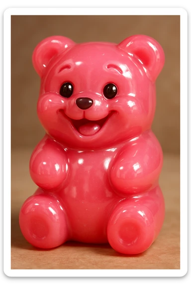a pink gummy bear, glossy and squishy, with a playful expression sticker