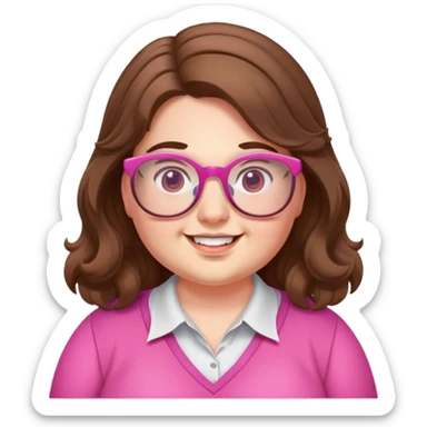 chubby English teacher face, wavy long brown hair, pink glasses, happy, gamer, for online classes sticker